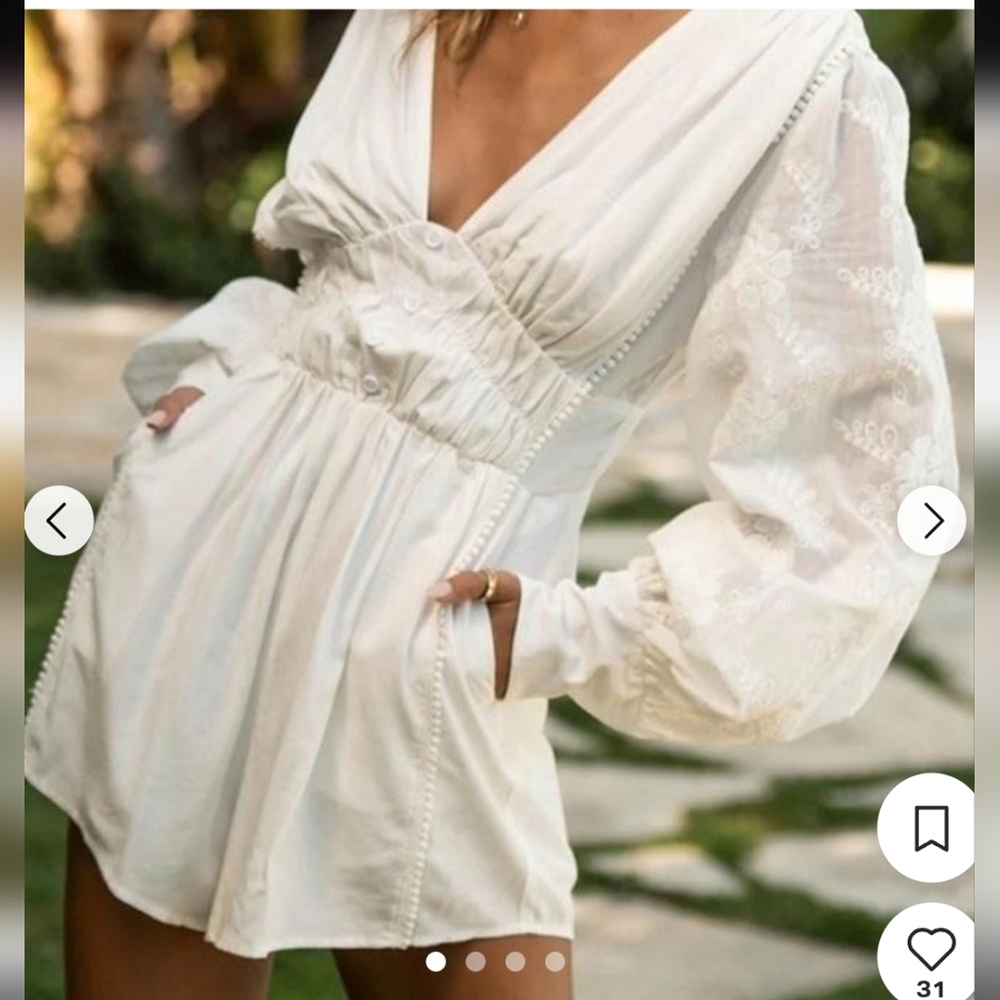 Women's Cream Long-Sleeve Romper with Lace Detail